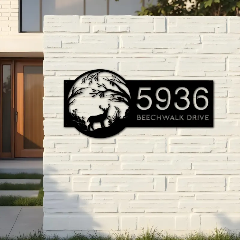 Custom Metal Deer in Woodland wild life Metal Address Sign, House number, Outdoor Number Signage, Yard Sign Address Plate