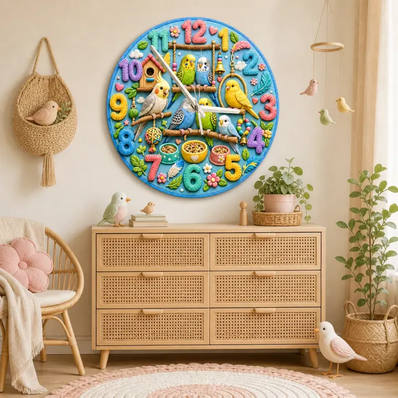 Playful Pet Birds and Parakeets Kids Room Wall Clock