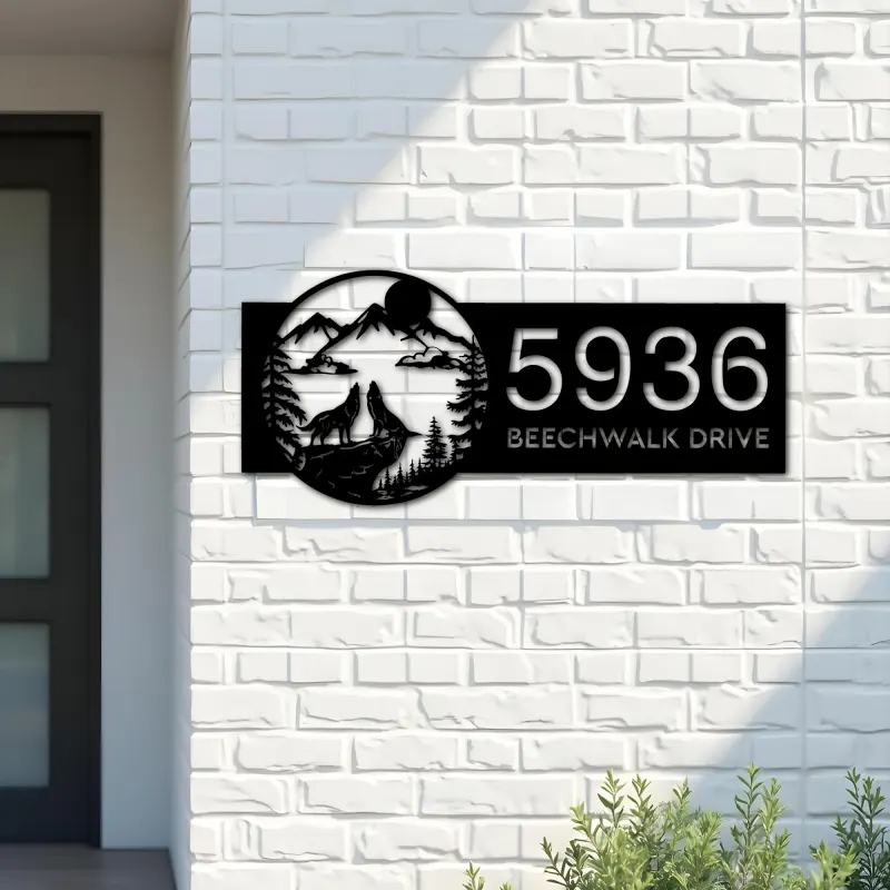 Custom Metal Howling Wolves on Cliff Mountains Metal Address Sign Custom House number Hanging Address Plaque Yard Sign Outdoor