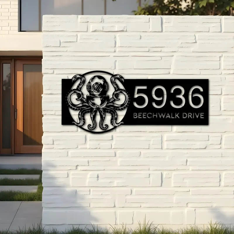 Custom Metal Octopus in diving helmet Metal Address Sign, House number, Outdoor Number Signage, Yard Sign Address Plate
