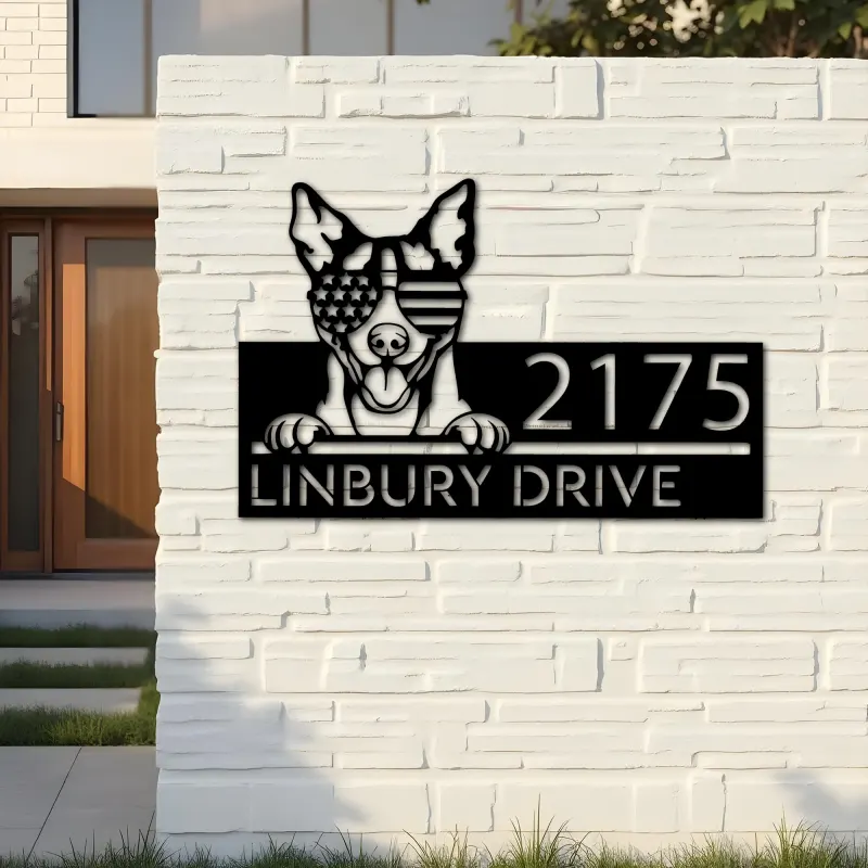 Custom Metal Rat terrier dog US flag glasses Metal Address Sign House number Hanging Address Plaque Yard Sign Outdoor decor