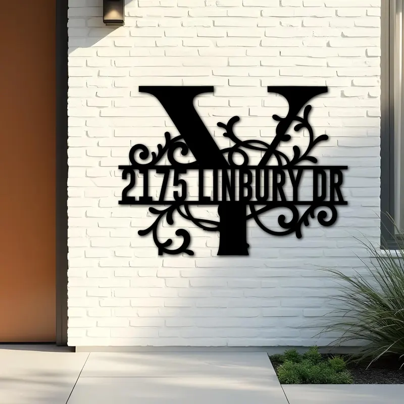 Custom Metal Floral Monogram Split Letter Y Metal Address Sign House number Hanging Address Plaque Yard Sign Outdoor decor