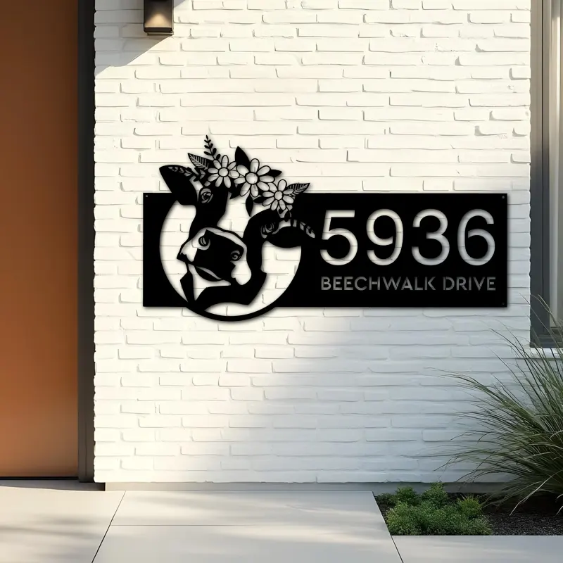 Custom Metal Floral Cow Ranch farmhouse farm animal Metal Address Sign, House number, Outdoor Number Signage, Yard Sign Address Plate