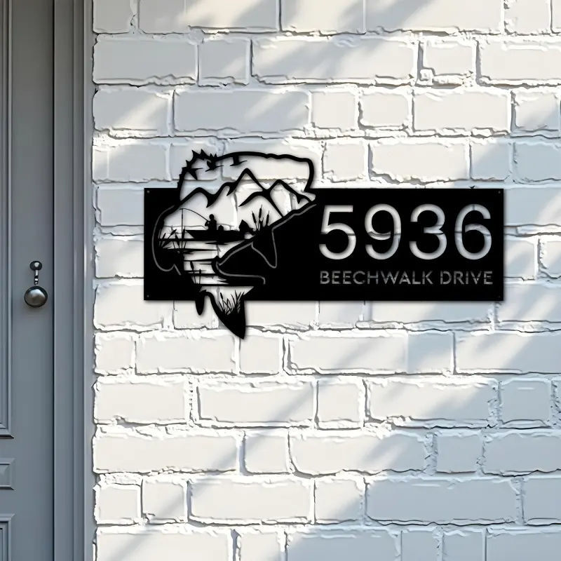 Custom Metal Bass fishing fisherman Metal Address Sign, House number, Outdoor Number Signage, Yard Sign Address Plate002