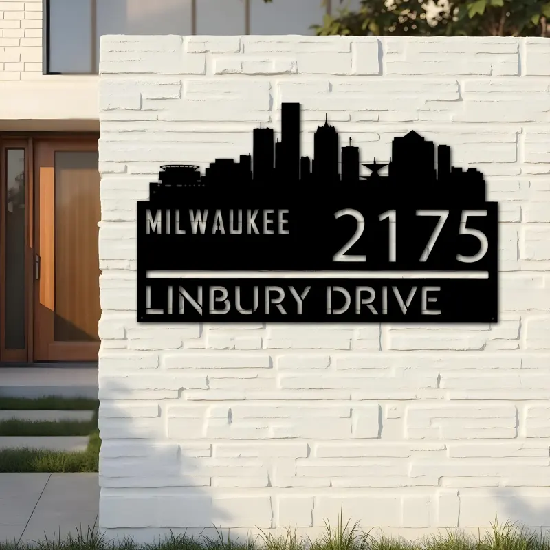 Custom Metal Milwaukee city skyline Metal Address Sign Hanging Address Plaque house number Yard Outdoor Sign
