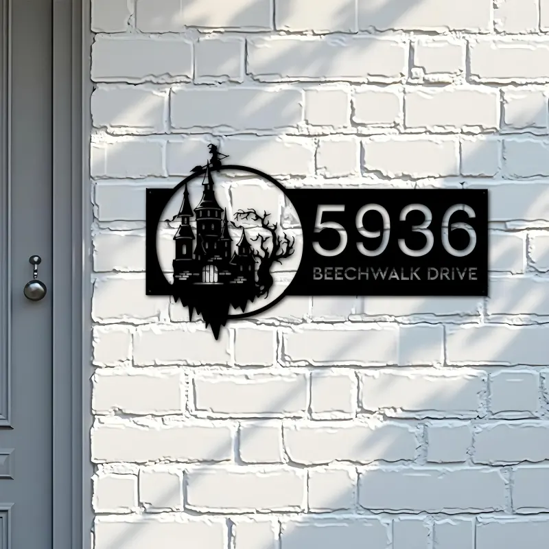 Custom Metal Haunted Castle Flying Witch Halloween Metal Address Sign House number Hanging Address Plaque Yard Sign Outdoor