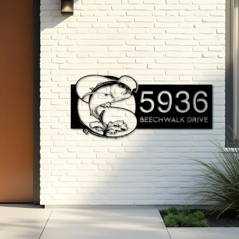 Custom Metal Trevally fishing rod bait hook Metal Address Sign, House number, Outdoor Number Signage, Yard Sign Address Plate