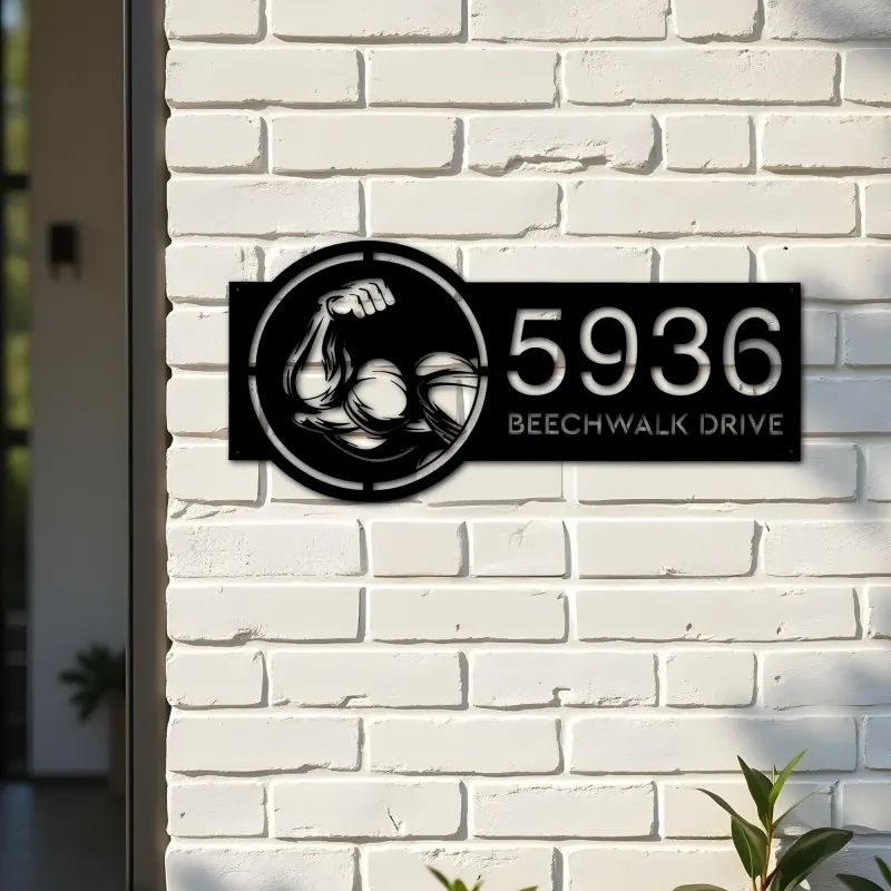 Custom Metal Bicep Muscle Gym bodybuilding Metal Address Sign, House number, Outdoor Number Signage, Yard Sign Address Plate