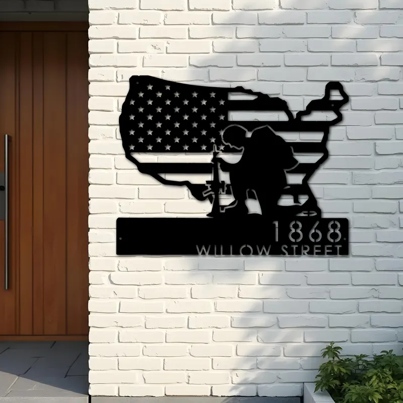 Custom Metal Soldier American Flag Patriotic Army Metal Address Sign, House number, Outdoor Number Signage, Yard Sign Address Plate
