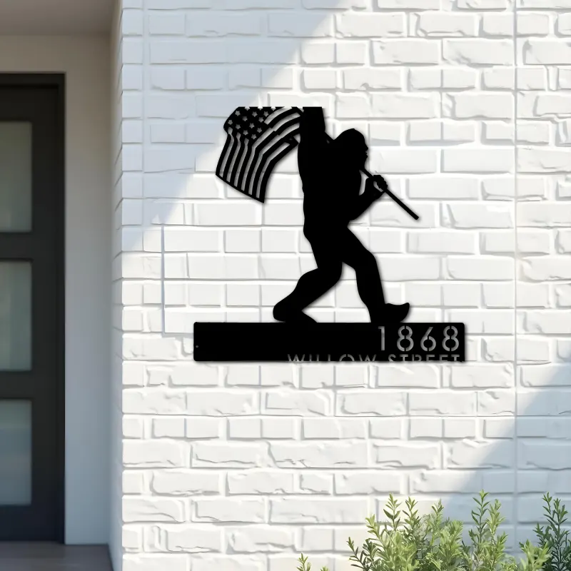 Custom Metal Bigfoot Sasquatch With US Flag Metal Address Sign Custom Hanging Address Plaque Yard Sign Outdoor Sign