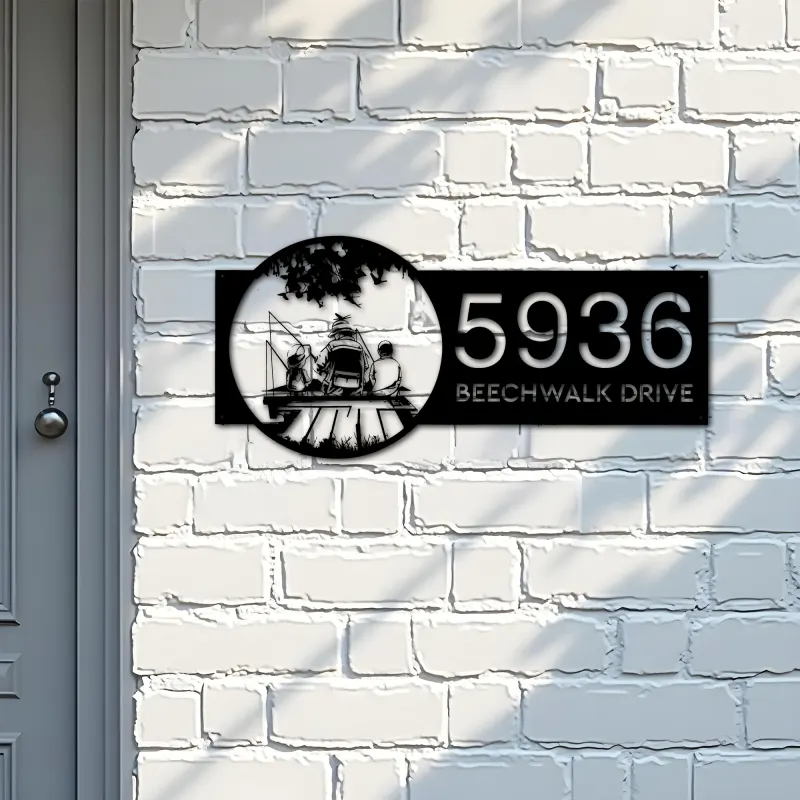 Custom Metal Dad son and daughter go fishing Metal Address Sign Custom House number Hanging Address Plaque Yard Sign Outdoor