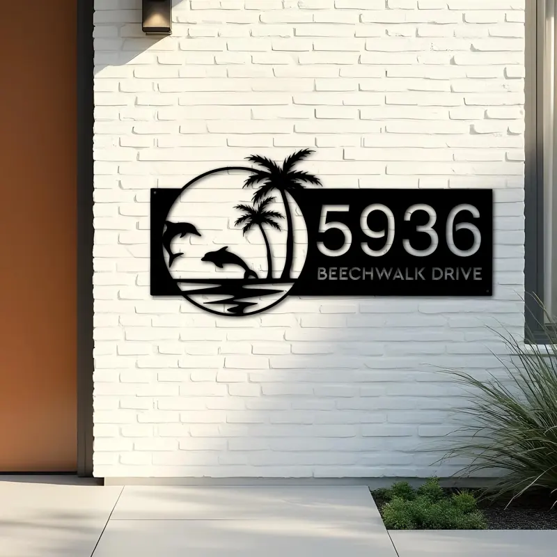 Custom Metal Dolphins Palm trees Metal Address Sign, House number, Outdoor Number Signage, Yard Sign Address Plate