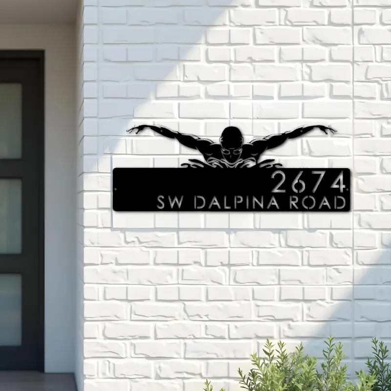 Custom Metal Swimmer Swimming pool summer sport Metal Address Sign, House number, Outdoor Number Signage, Yard Sign Address Plate