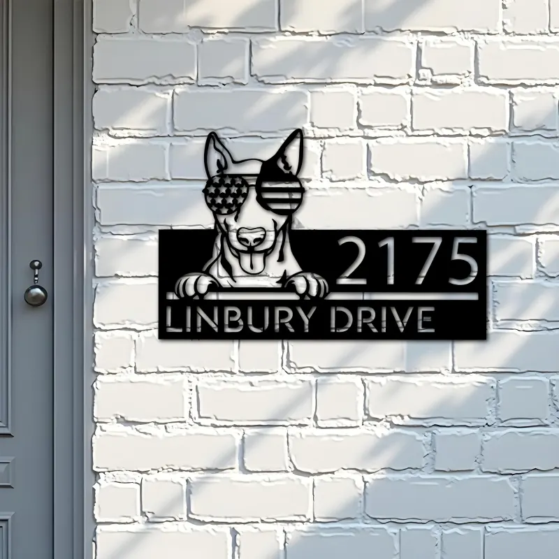 Custom Metal English Bullterrier dog US glasses Metal Address Sign House number Hanging Address Plaque Yard Sign Outdoor decor