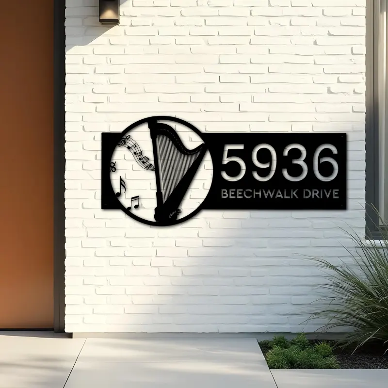 Custom Metal Harp musical instrument Metal Address Sign Custom House number Hanging Address Plaque Yard Sign Outdoor