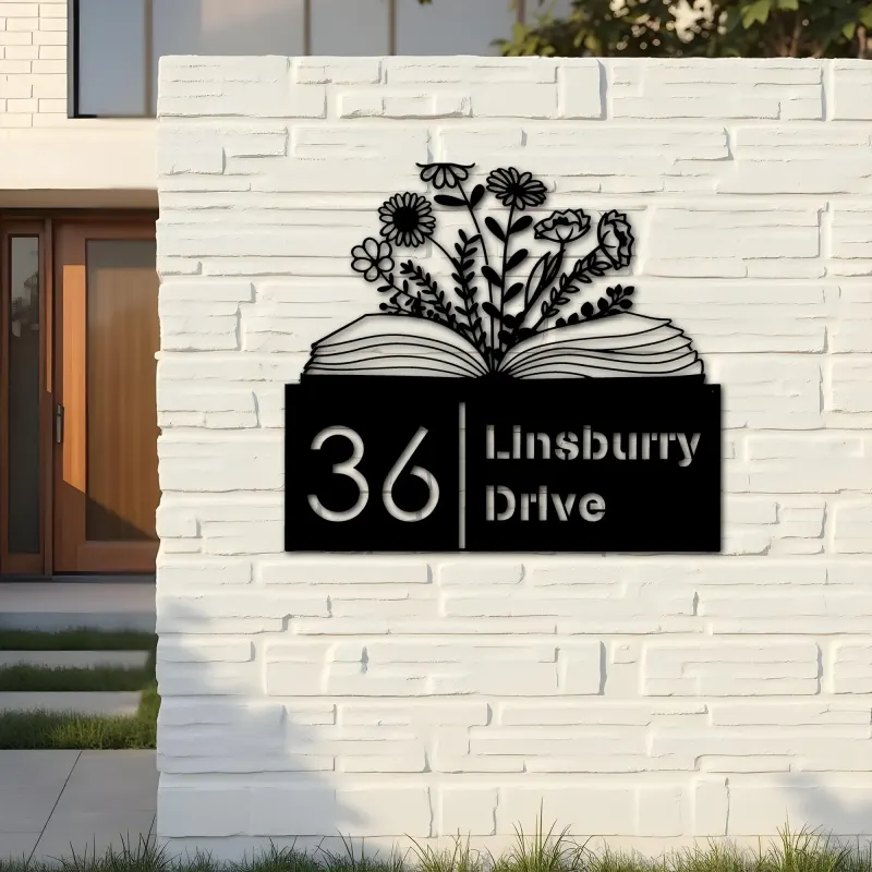 Custom Metal Floral book book lover reading Metal Address Sign, House number, Outdoor Number Signage, Yard Sign Address Plate
