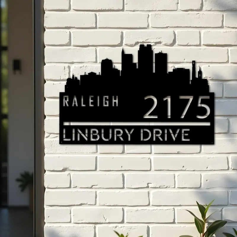 Custom Metal Raleigh city skyline Metal Address Sign Hanging Address Plaque house number Yard Outdoor Sign