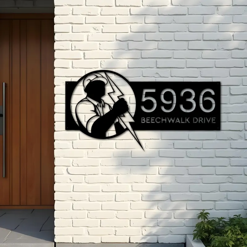 Custom Metal Electrician lineman Metal Address Sign, House number, Outdoor Number Signage, Yard Sign Address Plate