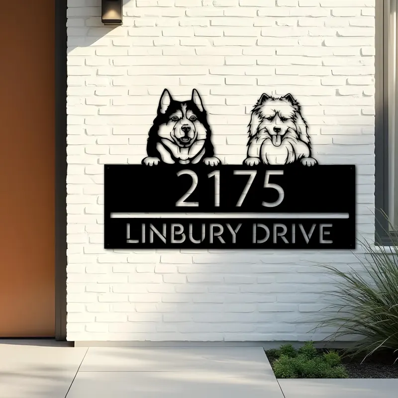 Custom Metal Husky and samoyed dog Puppy Metal Address Sign House number Hanging Address Plaque Yard Sign Outdoor decor