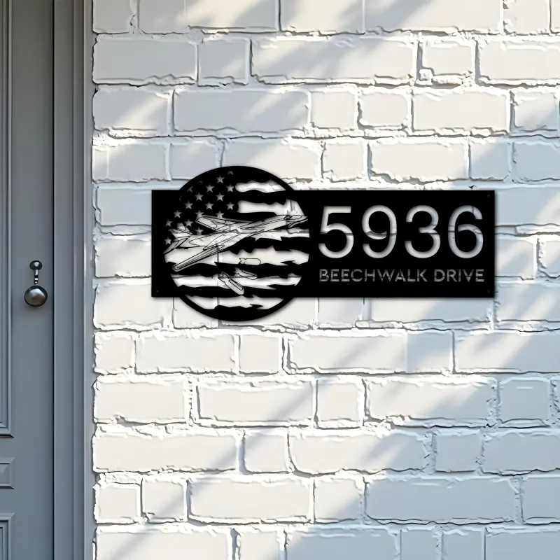 Custom Metal B 1B lancer bomber airplane US flag Metal Address Sign House number Hanging Address Plaque Yard Sign Outdoor