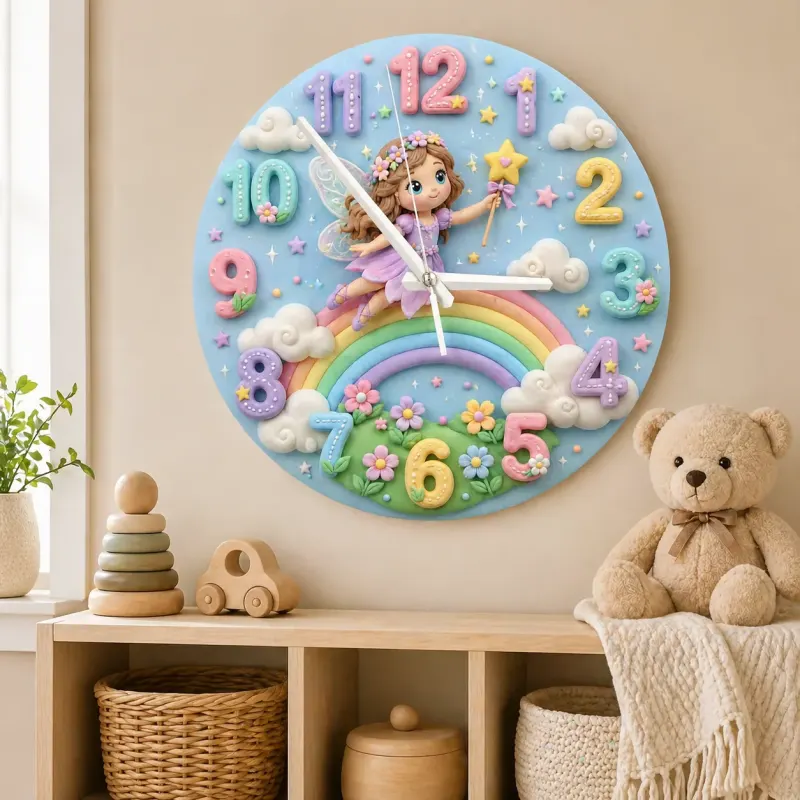 Pastel Fairy and Rainbow Kids Room Wall Clock