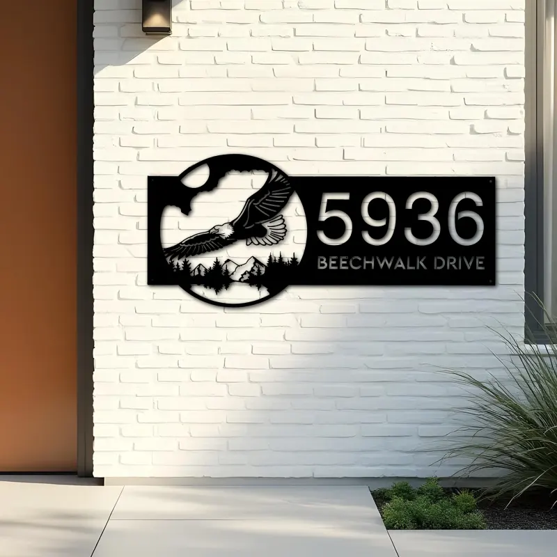 Custom Metal Eagle flying mountain forest scene Metal Address Sign, House number, Outdoor Number Signage, Yard Sign Address Plate