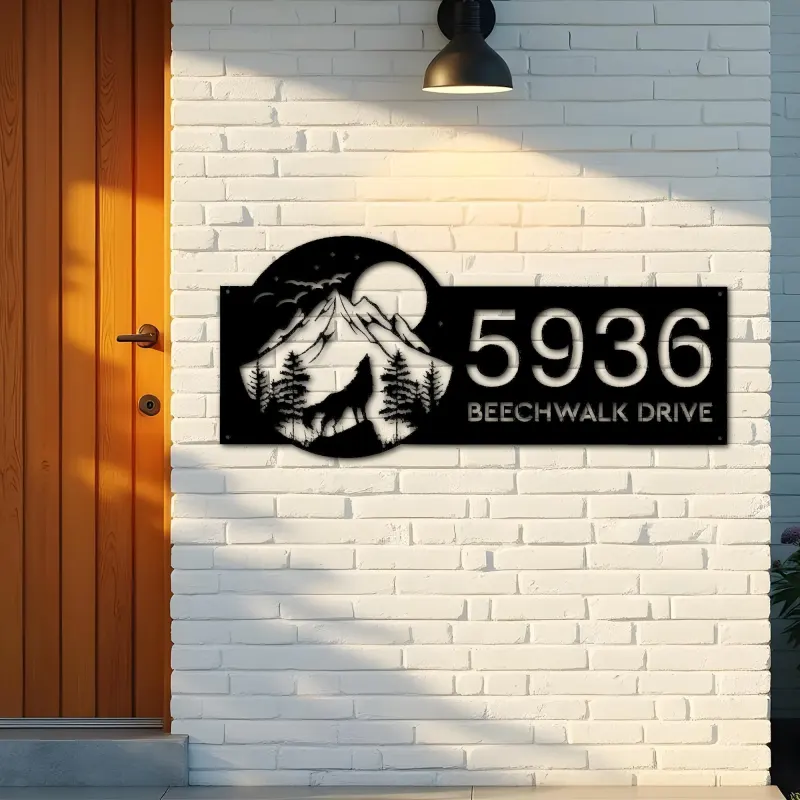 Custom Metal Wolf howling on full moon Metal Address Sign, House number, Outdoor Number Signage, Yard Sign Address Plate002