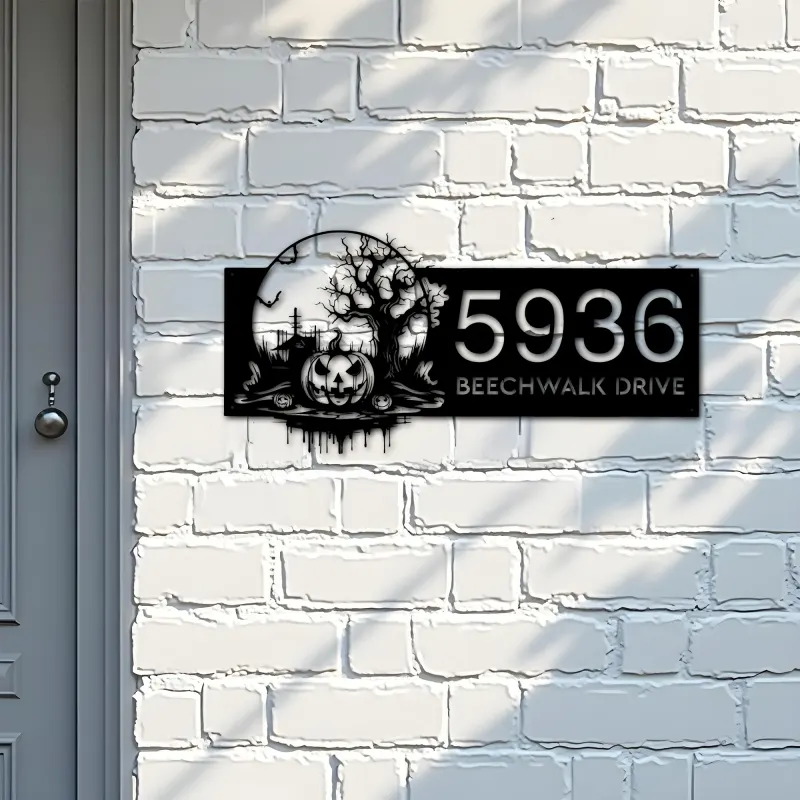 Custom Metal Haunted scene halloween pumpkin Metal Address Sign Custom House number Hanging Address Plaque Yard Outdoor Sign