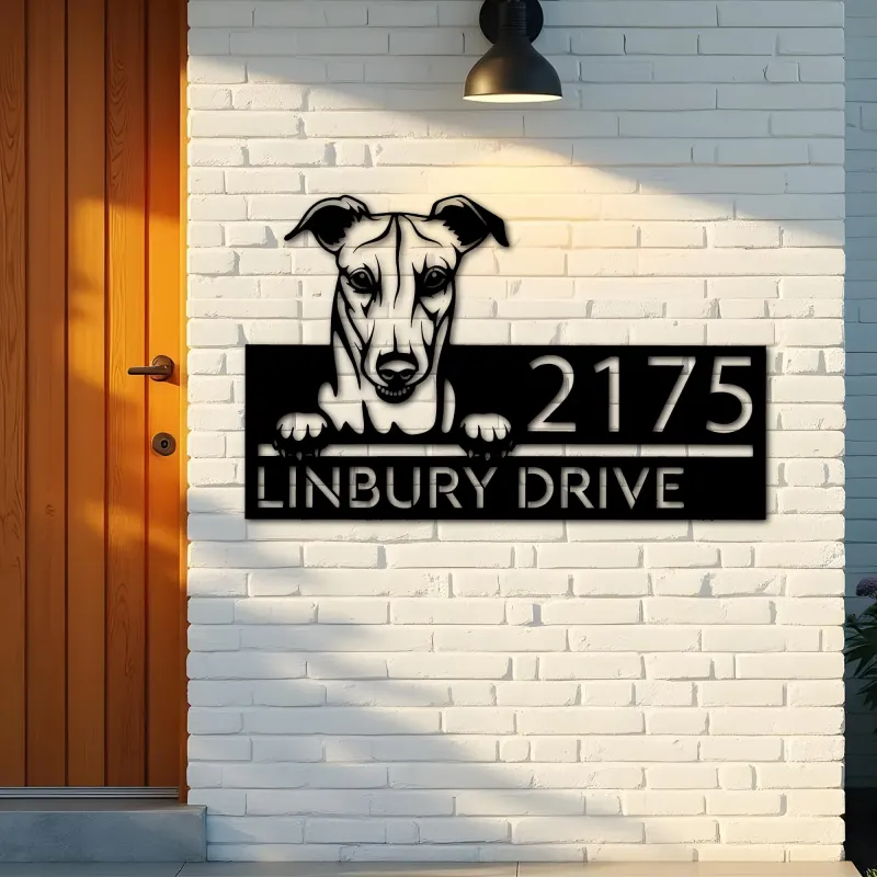 Custom Metal Greyhound dog Cute puppy Metal Address Sign House number Hanging Address Plaque Yard Sign Outdoor decor