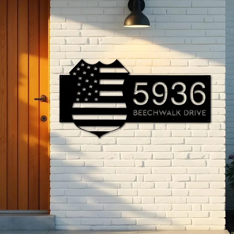 Custom Metal Police badge American Flag Patriotic Metal Address Sign, House number, Outdoor Number Signage, Yard Sign Address Plate