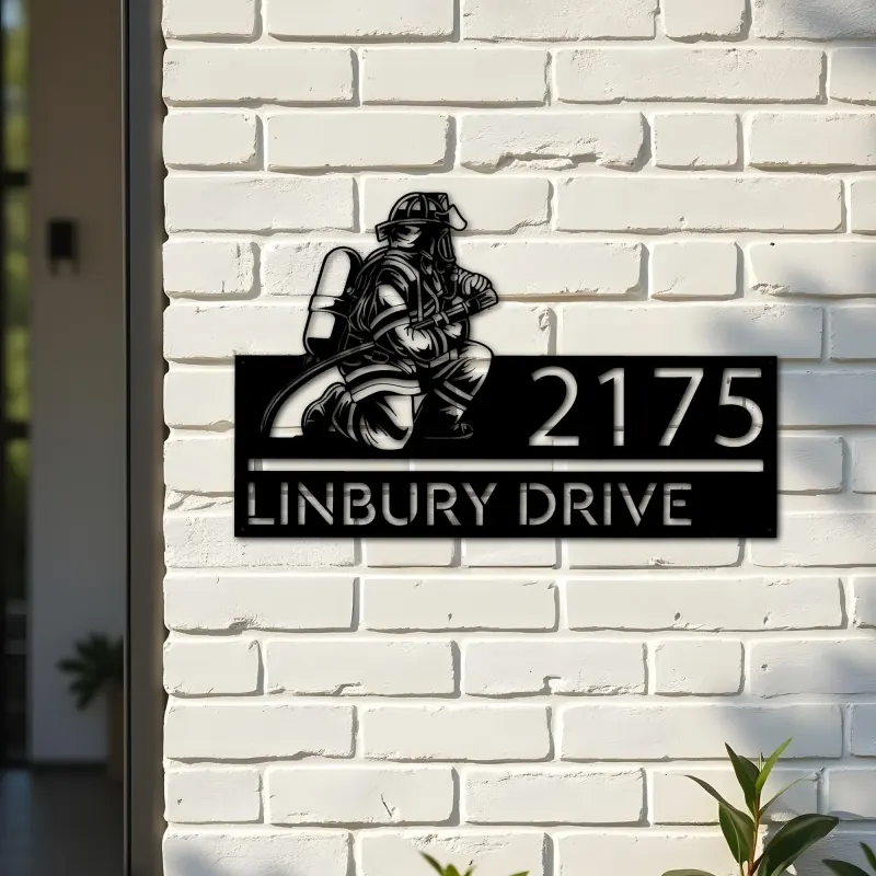 Custom Metal Fireman fire fighter Metal Address Sign, House number, Outdoor Number Signage, Yard Sign Address Plate