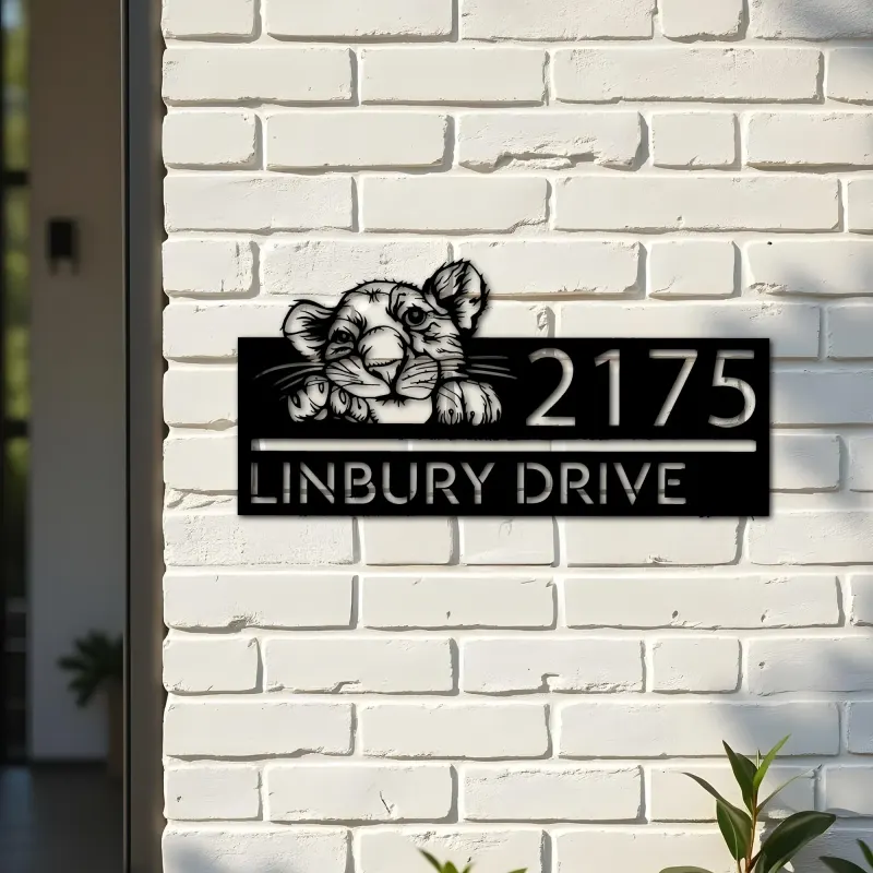 Custom Metal Peeking Lion Cub Wild animal wildlife Metal Address Sign, House number, Outdoor Number Signage, Yard Sign Address Plate