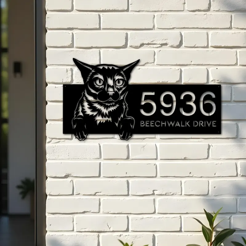 Custom Metal Burma Cute peeking cat kitten Metal Address Sign, House number, Outdoor Number Signage, Yard Sign Address Plate