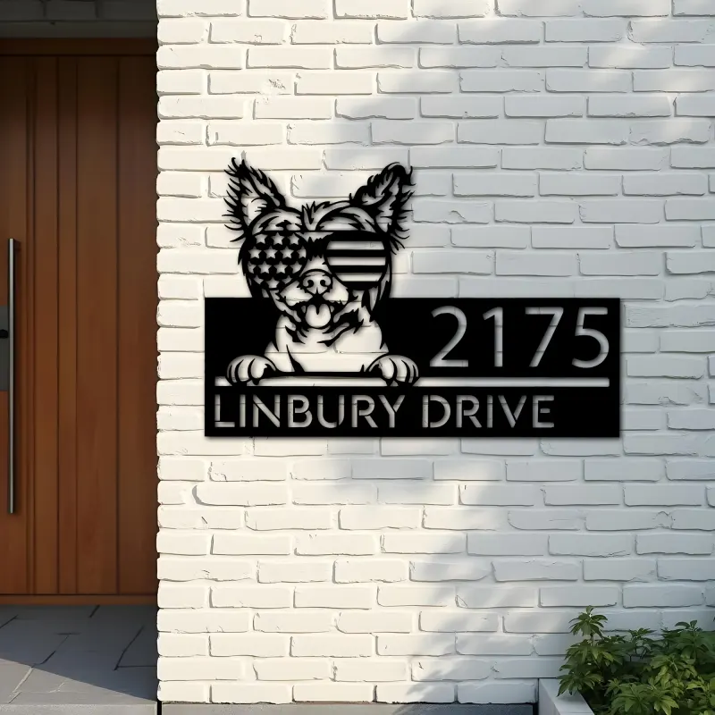 Custom Metal Chinese Crested dog US glasses Metal Address Sign House number Hanging Address Plaque Yard Sign Outdoor decor