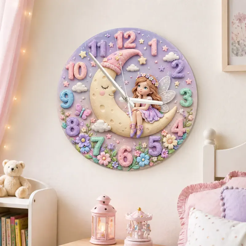 Magische Fee auf dem Mond Wanduhr für Kinderzimmer | Pastellblumen Dekor für das Kinderzimmer, Verspieltes Geschenk für Mädchen (34,5 cm)