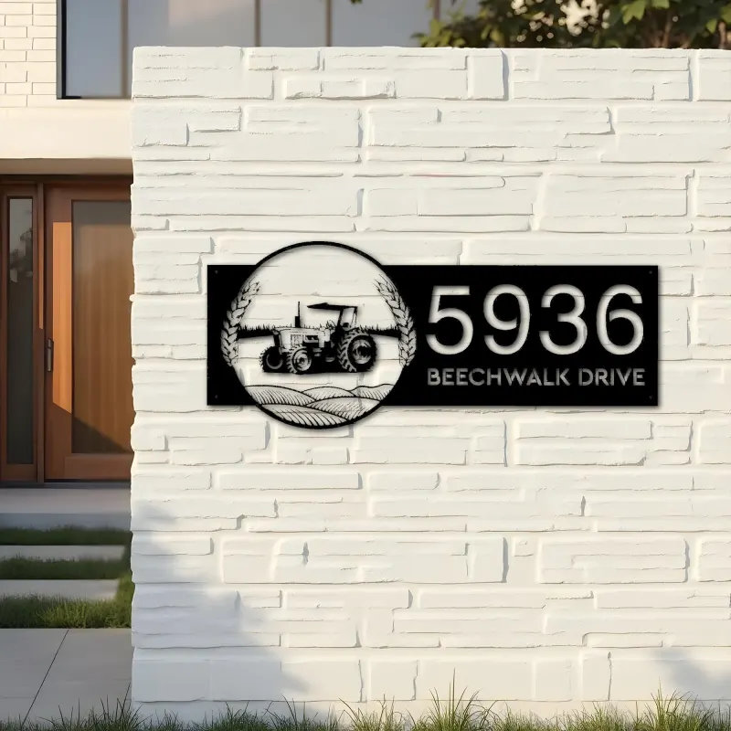 Custom Metal Tractor on farm field Metal Address Sign, House number, Outdoor Number Signage, Yard Sign Address Plate