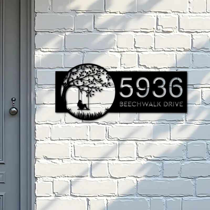 Custom Metal Girl on Swing Metal Address Sign, House number, Outdoor Number Signage, Yard Sign Address Plate