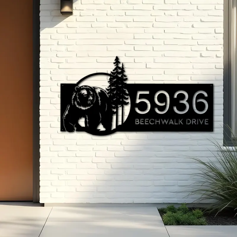 Custom Metal Bear forest scene wild life Metal Address Sign, House number, Outdoor Number Signage, Yard Sign Address Plate