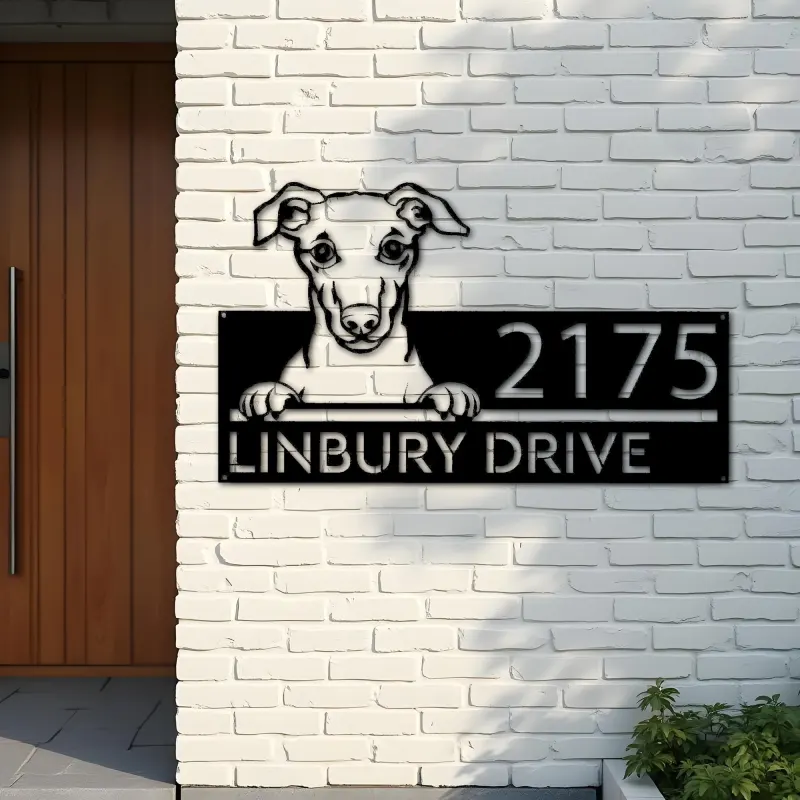 Custom Metal Whippet Dog Cute puppy Metal Address Sign House number Hanging Address Plaque Yard Sign Outdoor decor