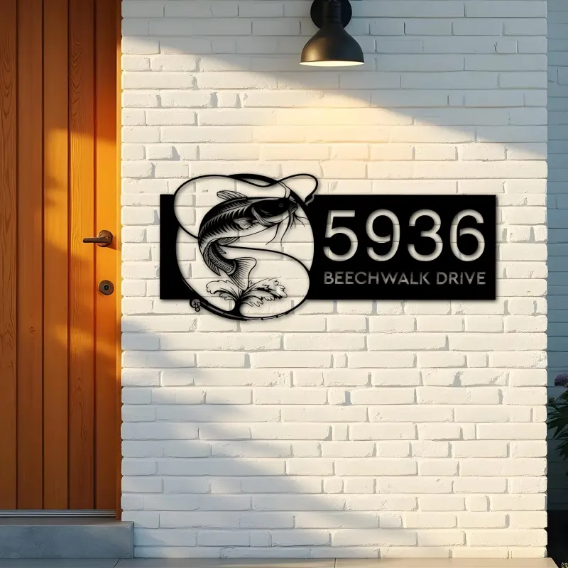 Custom Metal Catfish fishing rod bait hook Metal Address Sign, House number, Outdoor Number Signage, Yard Sign Address Plate