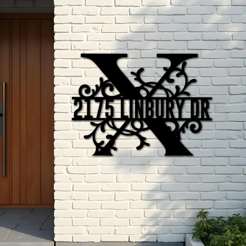 Custom Metal Floral Monogram Split Letter X Metal Address Sign House number Hanging Address Plaque Yard Sign Outdoor decor