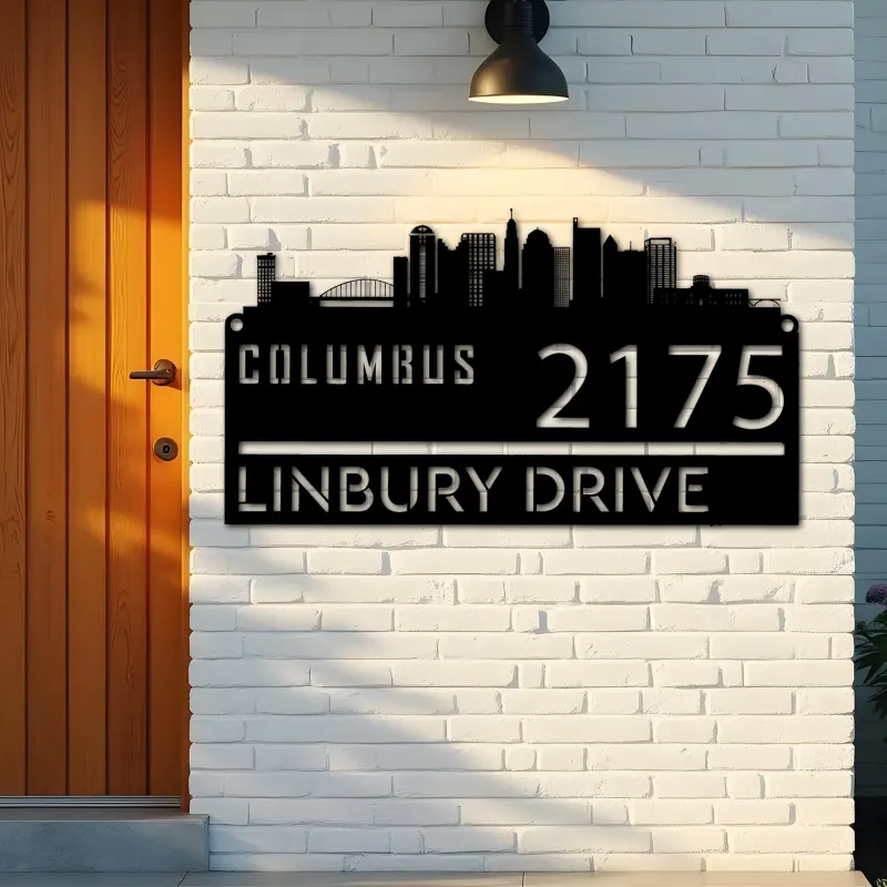 Custom Metal Columbus city skyline Metal Address Sign Hanging Address Plaque house number Yard Outdoor Sign