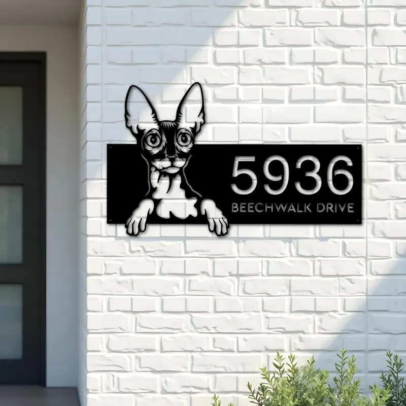 Custom Metal Cornish rex Cute peeking cat kitten Metal Address Sign, House number, Outdoor Number Signage, Yard Sign Address Plate