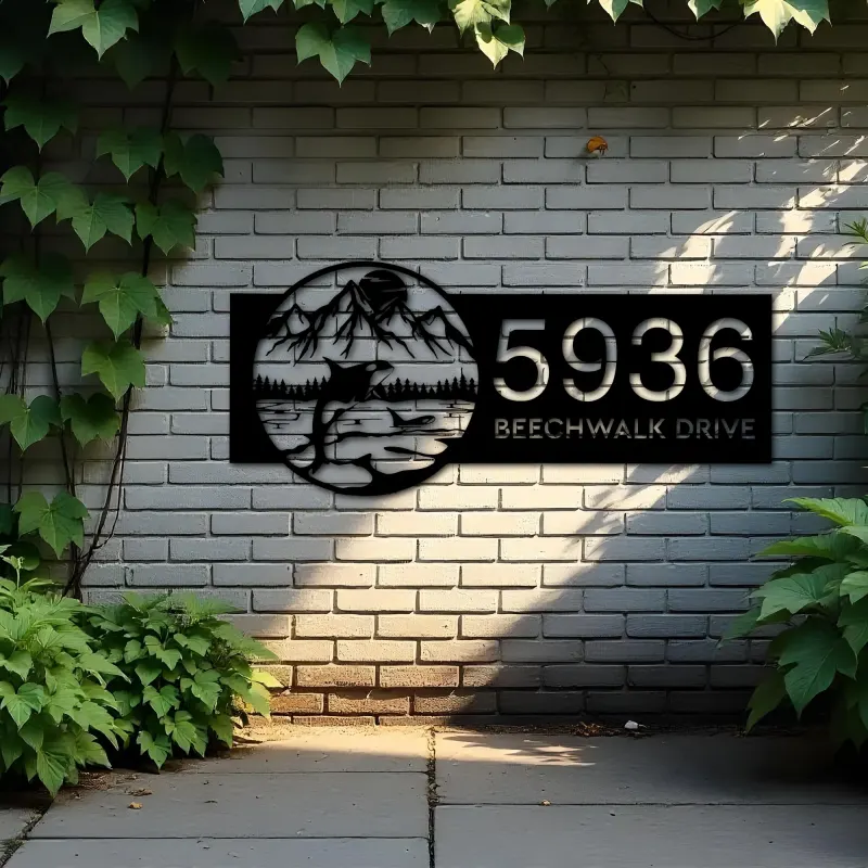 Custom Metal Mountains and Killer Whale Metal Address Sign Custom Hanging Address Plaque House number Yard Sign Outdoor Sign