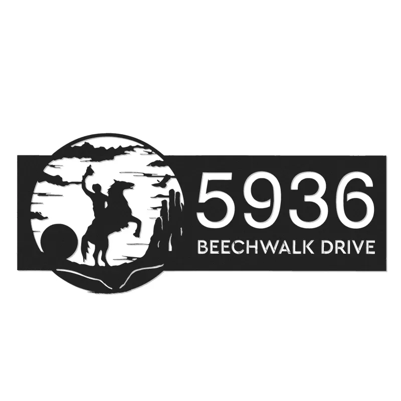 Custom Metal Greeting Cowboy on Horse on Sunrise Metal Address Sign, House number, Outdoor Number Signage, Yard Sign Address Plate