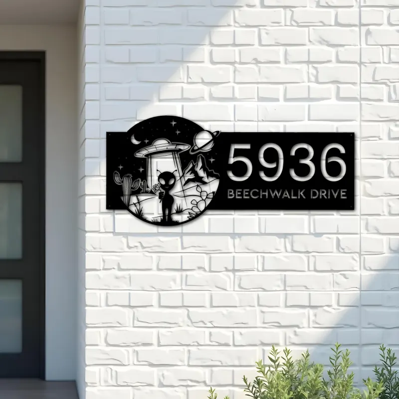 Custom Metal Alien on the Desert UFO Metal Address Sign House number Hanging Address Plaque Yard Sign Outdoor