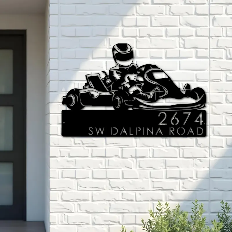 Custom Metal Go kart driver racing Metal Address Sign, House number, Outdoor Number Signage, Yard Sign Address Plate