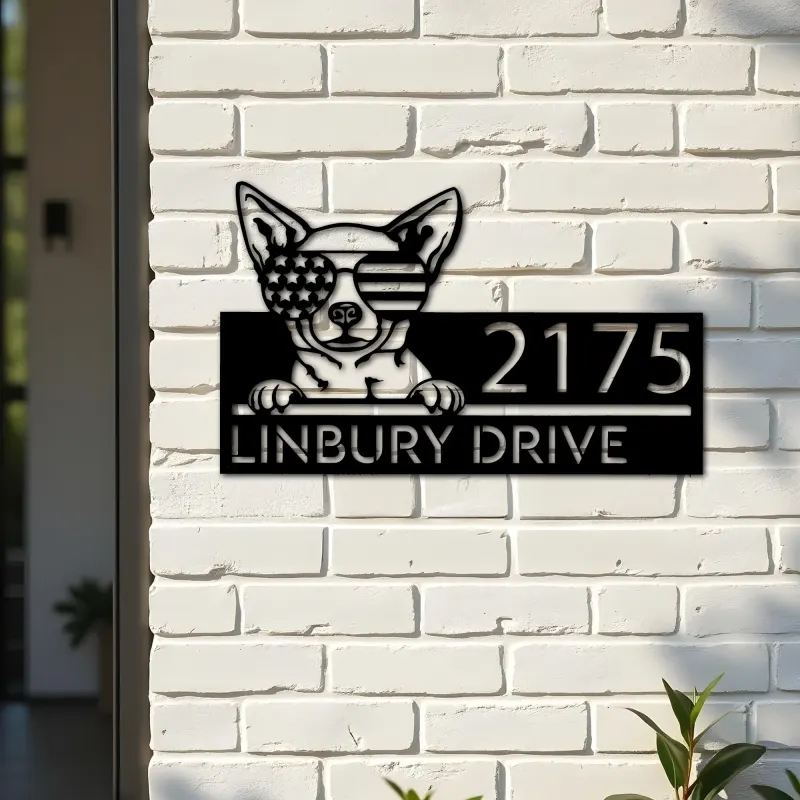 Custom Metal Chihuahua dog US flag glasses Metal Address Sign House number Hanging Address Plaque Yard Sign Outdoor decor