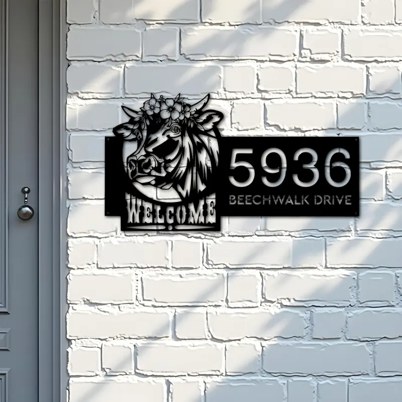 Custom Metal Cow Farm house Ranch welcome Metal Address Sign, House number, Outdoor Number Signage, Yard Sign Address Plate