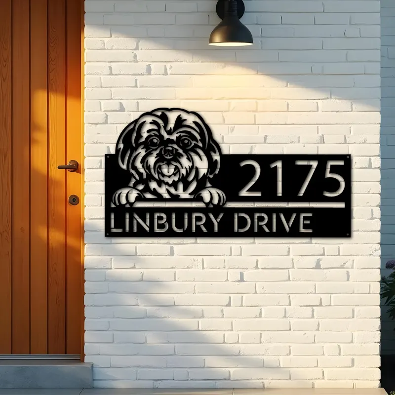 Custom Metal Shih Tzu Dog Cute puppy Metal Address Sign House number Hanging Address Plaque Yard Sign Outdoor decor